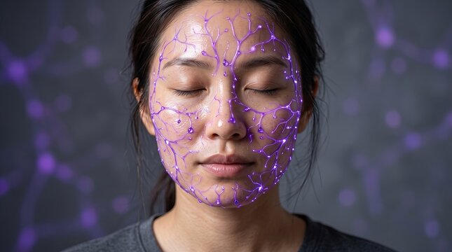 Futuristic skincare concept with glowing purple neural network pattern on woman face