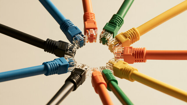 Colorful Ethernet network cables arranged in circle on white background

