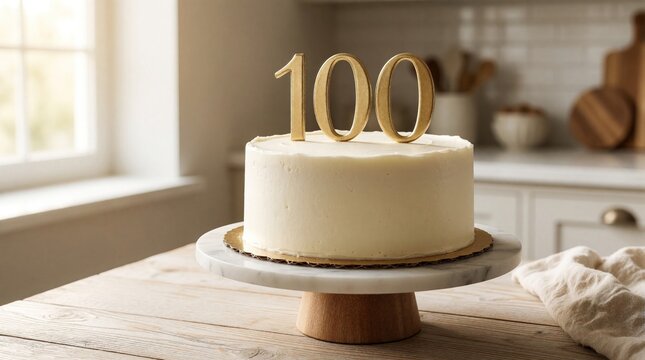 Elegant white cake with gold number 100 topper on marble stand. Minimalist luxury dessert for big anniversary centennial birthday celebration. Gourmet pastry sits on wooden table in bright modern