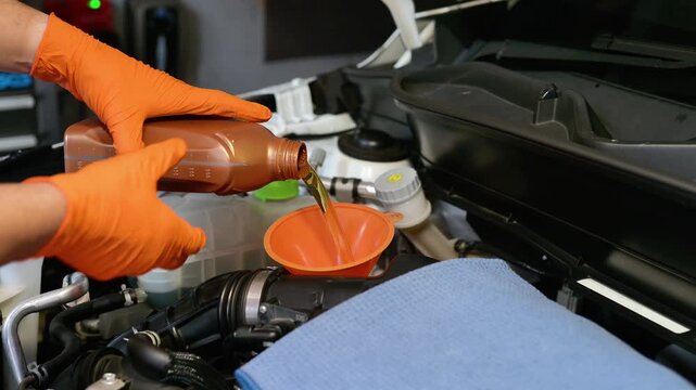 Mechanic wearing protective gloves pours motor oil through a funnel into the engine compartment during an oil change in a car