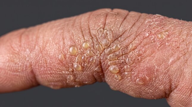 Extreme close up of dishidrotic eczema fluid filled blisters on human finger skin