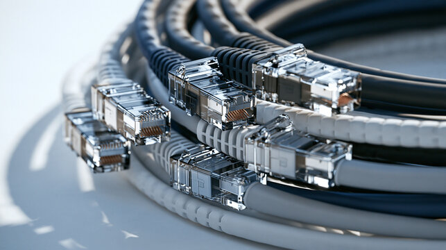 Coiled Ethernet network cables with RJ45 connectors on white surface

