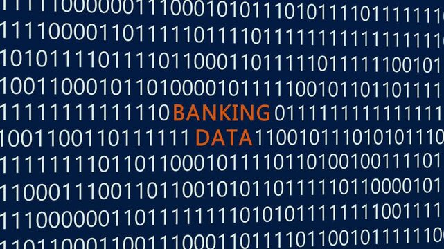 Banking data text or word with digital binary animation background, designed for illustrative digital world technology concept representing financial information systems, secure monetary transaction