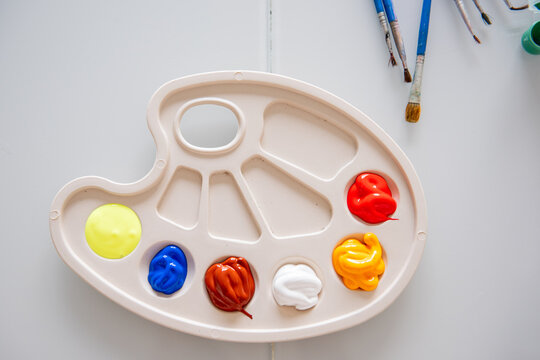 Artist palette with colorful paint and brushes on white