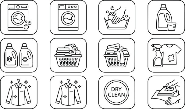 Laundry service line icon collection set in squares featuring washing machine baskets detergent and ironing