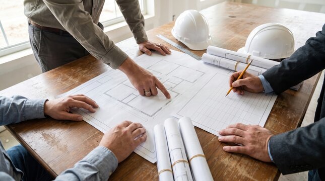 infrastructure job creation concept. Architects collaborating over building blueprints with safety helmets nearby.