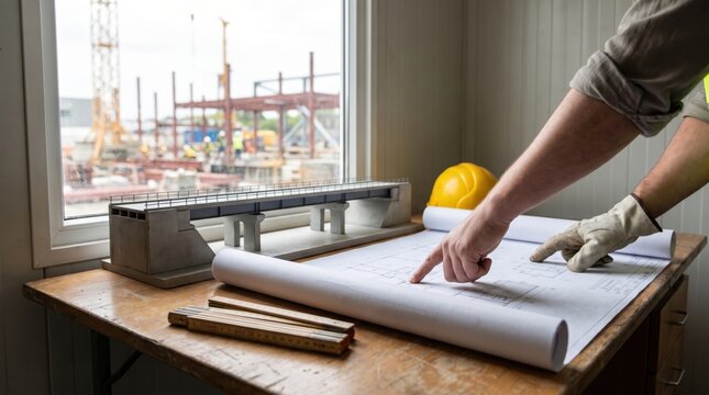 infrastructure job creation concept. Construction worker examining blueprints on a table at a building site office.
