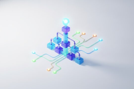 Isometric decision tree structure with glowing leaf nodes, light gradient background