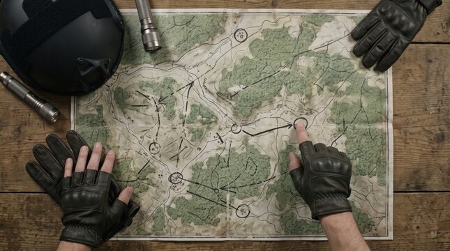 infrastructure job creation concept. Two hands wearing tactical gloves point at a detailed map on a wooden table.
