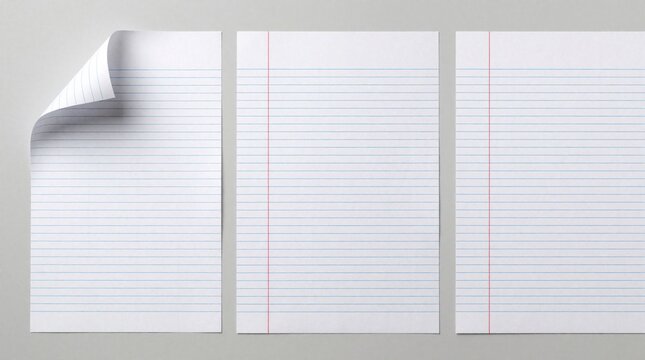 Three blank lined paper sheets side by side. One sheet has corner turned back, revealing white underside. Minimalist background, suitable for writing or design.
