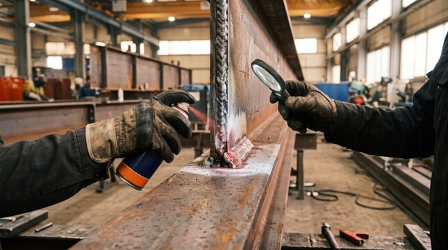 infrastructure job creation concept. Two workers in protective gloves clean and inspect a rusty steel beam indoors.