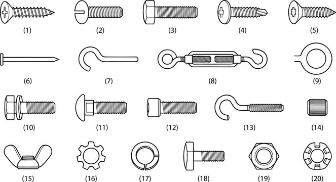 Industrial hardware and construction fasteners line icon set featuring metallic screws bolts nuts nails and turnbuckles