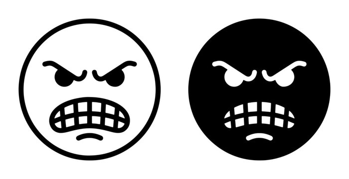 Angry Emoji Icons, Furious Face Vector Art, Negative Emotion Symbols, Grumpy Expression Graphics, Outrageous Mood Emoticons, Black and White, Set of Two