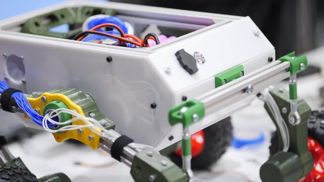 Close-up robotic arm with colorful wires and mechanical joints. Metal frame with wheels and motorized parts. Tech components visible inside open chassis