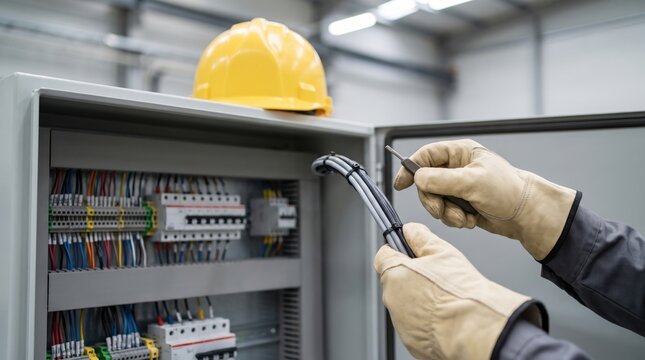 infrastructure job creation concept. Electrician wiring cables inside industrial electrical control panel cabinet.