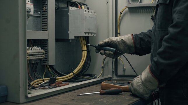 infrastructure job creation concept. Electrician repairing electrical panel with cables and tools in industrial setting