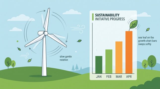 infrastructure job creation concept. Wind turbine with sustainability growth chart showing progress from January to April