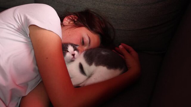 A girl rests on a couch with a cat and a kitten. They cuddle together in a cozy room filled with soft light. The girl holds them close while they sleep.