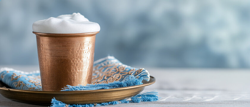 Traditional ayran drink in copper cup with foam on metal tray and blue cloth