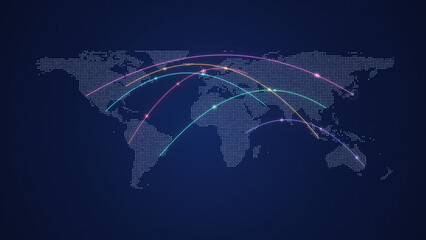 Dotted world map with coloured connection arcs linking cities on a dark blue background, for global network themes © Allen