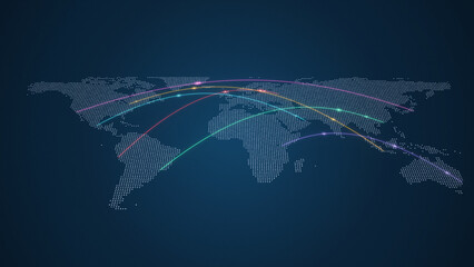 Dotted world map in perspective with coloured connection arcs on a dark blue background, for global network and logistics themes © Allen