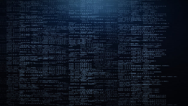 Dense programming source code in blue on a dark background, for software development, hacking, and cybersecurity themes