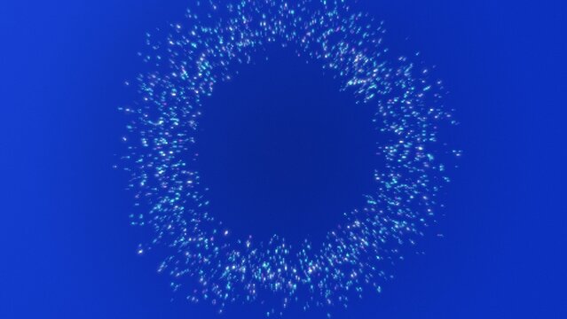 Ring of glowing particles converging inward toward the centre on a blue background, for implosion and data gathering themes
