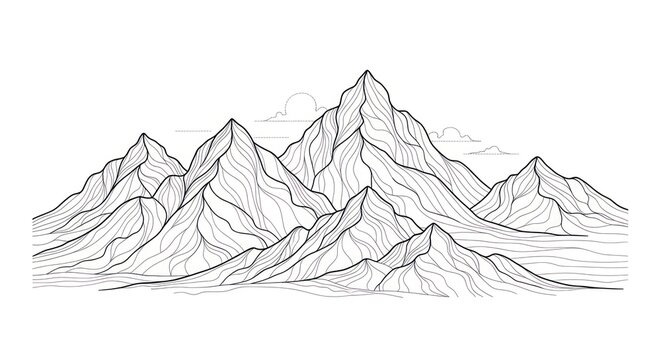 Line art illustration of mountain range with detailed peaks on white background