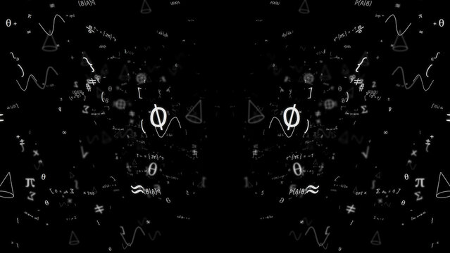 White mathematics symbols and formulas floating toward the camera on a black background, for maths and education themes