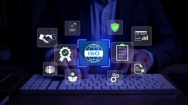 Digital Abstract Representation of ISO Certification Process with Hands on Keyboard, Icons and Symbols Related to Standards, Security, and Quality Assurance. Glyphic.