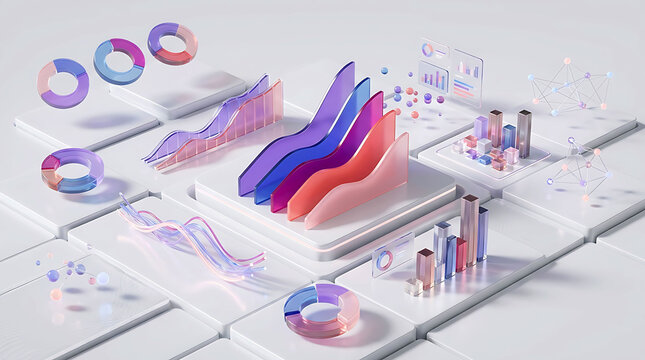 3D futuristic data visualization charts, graphs, and analytics on white platform