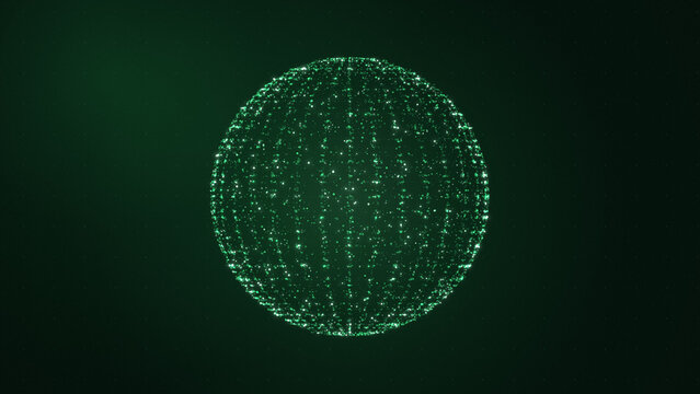 Green particle globe with a wireframe grid forming on a dark green background, for global network and data themes