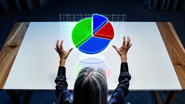 Woman analyzing colorful 3D data hologram at white desk