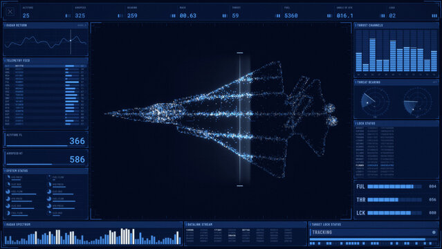 Blue HUD interface with a particle fighter jet scan, telemetry feed, radar return, and target lock panels