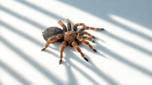 Mexican Redknee Tarantula Spider Crawling on White Surface under Sun Shadows Close Up for Exotic Pet Arachnid Entomology Bug Wildlife and Terrarium Concept