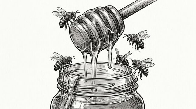 Honey dipper and jar with honeybees vintage drawing.