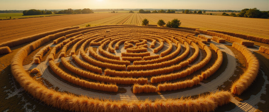 Aerial circular hayride track around corn maze in midday sun for autumn websites and blogs