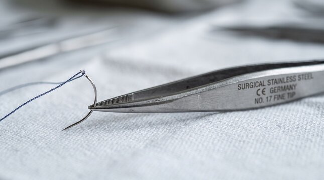 Macro Detail of Surgical Stainless Steel Tweezers Holding a Curved Needle and Suture