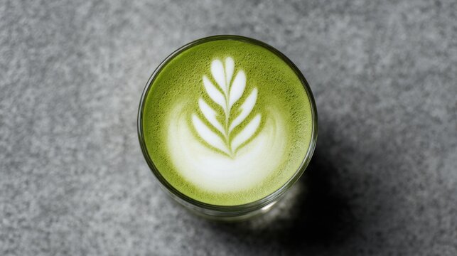 Top View of Matcha Latte with Leaf Art
