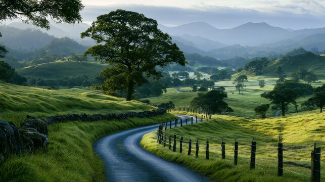 Serene countryside landscape with winding road, lush green fields, rolling hills, and distant mountains under soft morning light