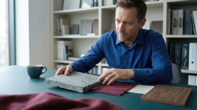 Male designer in blue shirt examines material samples including stone, fabric, and wood while seated at a modern workspace with coffee cup and bookshelves in the background