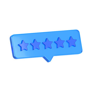A 3D render of a blue speech bubble featuring five glowing stars inside symbolizing excellent feedback high customer rating quality review and score.glass icon.3d render