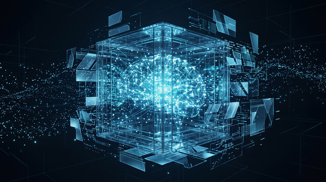 Abstract futuristic blue light brain core cube glowing network data visualization.