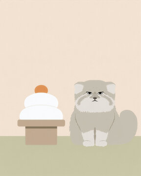 鏡餅の横に座るマヌルネコの和イラスト お正月 コピースペース