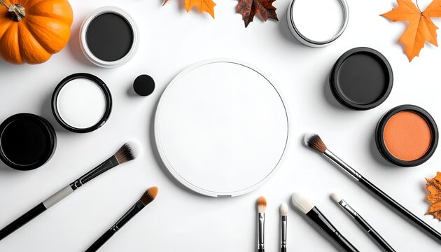 Halloween makeup flat lay with cosmetic tools, pumpkins, and autumn leaves on white background