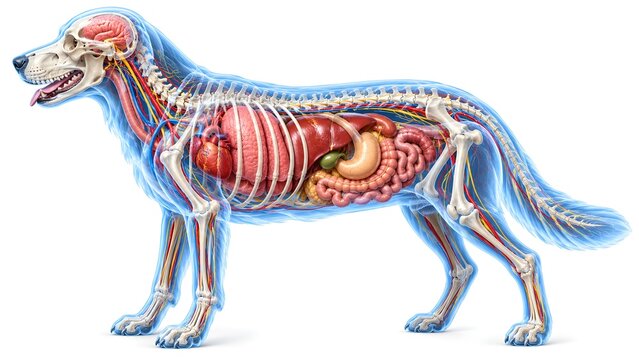 Anatomy of a dog showing skeletal structure and internal organs including the brain, heart, lungs, liver, stomach, and digestive system