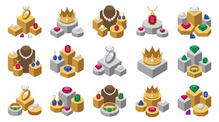 Obraz premium Industrial Isometric of Luxurious Jewelry and Royal Crowns on Display Pedestals with Gems with high quality professional line art symbols for modern creative design and digital branding projects