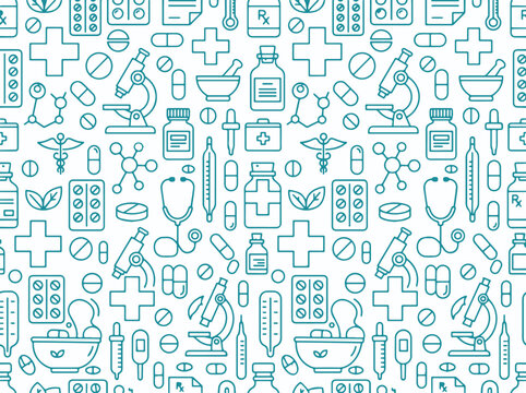 Seamless medical and pharmaceutical icons pattern with teal outlines