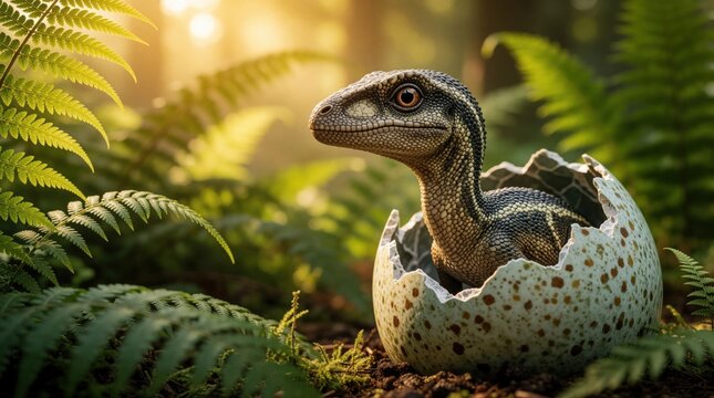 Cute baby dinosaur hatches from spotted egg in tropical jungle. Small prehistoric reptile emerges from shell near green fern leaves. Young dino looks around in sunny forest habitat during morning
