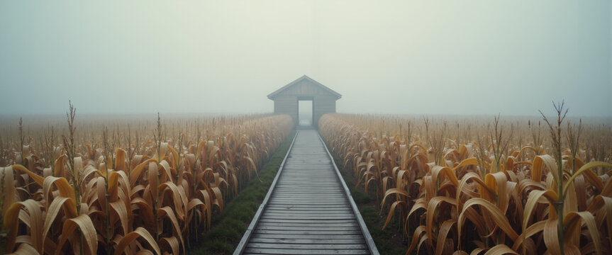 Mysterious observation tower top rising above foggy corn maze for architecture and landscape websites